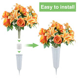 2 Set Artificial Cemetery Flowers With Grave Vase-2 Bunches Lilies & Rose Mixed Orangish Yellow Silk Memorial Flowers-2 Cemetry Vase With Foam For Outdoor Headstones Gravesite Graveyard Decorations