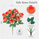 6-Pack Orange Silk Rose Bouquets, 60 Roses Artificial Flowers Heads With Faux Baby'S Breath Stems Leaves, Fake Roses For Wedding Bouquets, Centerpieces & Home Table Décor