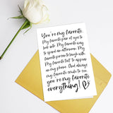 Romantic Poem Anniversary Card For Men, Birthday Card For Boyfriend Husband, Love Card For Him, You Are My Favorite Everything