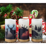 3Pcs Battery Operated Real Wax Pillar Candles With Charming Deer,Moose, Bear Decals,Flameless Flickering Led Candles With Hemp Rope And 6H Timer,Rustic Home Decor For Christmas (D3 X H6)