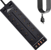 Heavy Duty 12-Outlet Commercial Power Strip with USB Fast Charging and 6.5FT Cord
