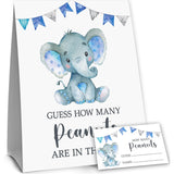 Blue Elephant Guess How Many Peanuts, Elephant Baby Shower Game, 50 Cards And Matching Standing Sign, Boy Elephant Baby Shower Decorations