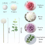 15Pcs Artificial Silk Mums Chrysanthemum Flowers With Faux Eucalyptus Stems, Fake Purple White Fuchsia Pompon Mums For Home Wedding Party Decor (12 Chrysanthemum & 3 Eucalyptus)
