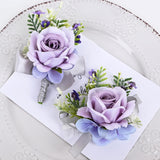 Artificial Rose Corsage Boutonniere Set For Groom Bride Groomsmen Bridesmaids, Simulated Flowers Accessories Wedding Party Prom Suit Decorations-2 Pieces Of Light Purple