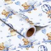 Baby Bear Wrapping Paper Roll, Blue Teddy Bear In Hot Air Balloon Design For Baby Boy Birthday, Baby Shower, Large Roll, 30 Inches X 32.8 Feet (92.9 Sq.Ft.)