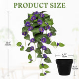 Artificial Hanging Flowers In Pot 25.6" Faux Silk Morning Glory Flower Vine With Cascading Greenery Fake Hanging Plants For Home Office Bathroom Table Shelf Decor(Purple)