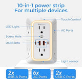 Wall Mount Surge Protector Outlet Extender 6 Outlets 4 USB Ports Night Light 1800J White