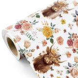 Highland Cow Wrapping Paper Roll - Mini Roll - 17 Inch X 16.5 Feet - Highland Cow And Floral Wrapping Paper For Birthday, Baby Shower, Wedding