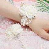 2Pcs Rose Wrist Flower Corsage Boutonniere Set Bridal Corsage Bracelet Bridesmaid Pearl Leaf Wrist Flower For Wedding Party Prom Homecoming Girl Hand Flower Decoration