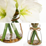 White Amaryllis Artificial Flower Arrangement 11.8" Faux Silk Amaryllis In Glass Vase With Faux Water Pebbles Fake Floral Centerpiece For Home Office Room Table Shelf Rustic Décor