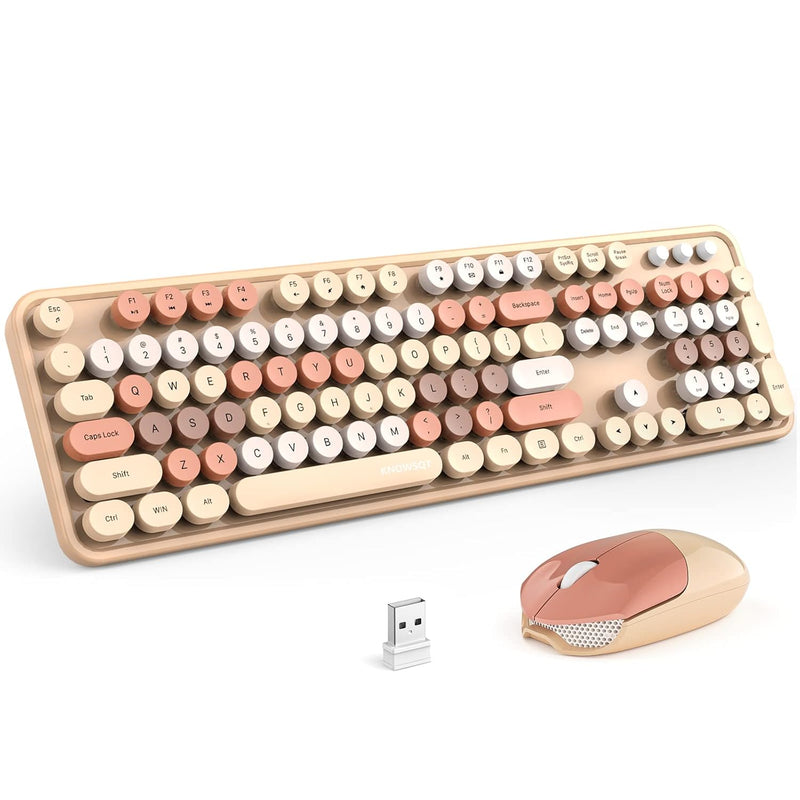 Wireless Keyboard And Mouse Combo, Milk Tea 104 Keys Full-Sized 2.4 Ghz Round