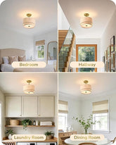 12.6 Inch Brushed Gold Ceiling Light Double Drum Linen Shade 3 Light Fixture