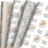 12 Sheets Teddy Bear Wrapping Paper For Baby Boy Infant - 19.7” X 27.6” Blue Bear Gift Wrap Paper In Moon Star Hot Air Balloon Patterns For Baby Shower, New Baby Birth, Baptism, Birthday Party