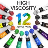 Complete Acrylic Paint Set – 12? Rich Pigment Colors & 6X Art Brushes - Includes 3 Paint Canvases, Palette Knife & Sponge - Perfect For Canvas, Clay, Ceramic - Non-Toxic, Great For Kids & Adults