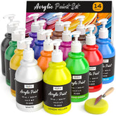 14 Colors Acrylic Paint Set (10Oz/300Ml), Large Bulk Acrylic Paints Kits Rich Pigment Art Painting Supplies For Artists, Beginners, Adults On Rock Crafts Canvas, Wood, Ceramic With Pump
