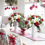 Artificial Valentines Flowers With Lillies Roses Artificial Spring Flowers Silk Flower Arrangements For Valentine'S Day Cemetery Home Party Wedding Table Centerpieces (White & Red)