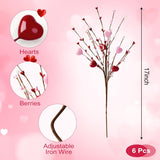 6Pcs Valentines Day Decorations Valentines Decor Red Pink White Heart Shaped Berry Picks Artificial Flowers For Valentines Day Gifts Wedding Home Decor 17In
