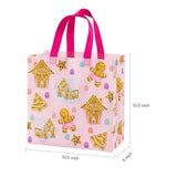 12 Pack Christmas Reusable Gift Bag With Handles - Medium Size 10.5 X 5 X 10.5 Inch - Pastel Pink Purple Gingerbread House And Santa Design, Perfect For Christmas, Party Favor, Shopping