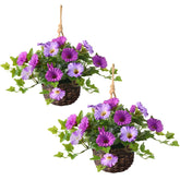 2 Set Artificial Outdoor Flowers With Hanging Basket, 2 Hanging Planters Faux Silk Morning Glory Flowers For Spring Summer Front Porch Garden Patio Home Decor(Light Purple Red)