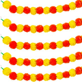 Marigold Garland For Decoration,5 Pcs Of 5-Feet Long Artificial Flower Garlands,Indian Décor For Pooja, Wedding, Halloween, Diwali,(Yellow & Red)