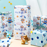 Baby Boy Wrapping Paper Roll - Adorable Blue Pilot Bear Design, Reversible Gift Wrap For Boy Birthday, Boys Baby Shower, Gender Reveal - Stars, Dots, Airplane And Parachute - 17 Inch X 33 Feet