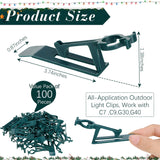 100 Pcs Christmas Light Clips Hooks Holiday Gutter Clips Shingle Weatherproof Green Clips Outdoor String Light Hangers Work On C7, C9, G30, G40 And Led Mini Lights For Christmas Decoration