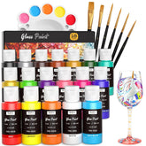 18 Colors Stained Glass Paint Set, 1Oz / 30Ml Waterproof Acrylic Enamel & Ceramic Glass Painting Kit For Arts On Transparent Wine Glasses Jars Windows With 6 Brushes & 1 Palette, Opaque Finish
