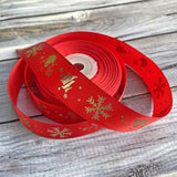 25Y Christmas Ribbon Satin, 1 Inch Wide Printed Ribbons With Golden Christmas Tree Snowman Snowflakes, Merry Christmas Ribbon For Kids Gift Packaging Wrapping Craft Decoration (Red)