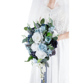 10 Inch Dusty Blue Wedding Bouquets For Bride Artificial Roses Flower Cascading Cascade Bridal Bouquet For Rustic Boho Fall Vintage Wedding Ceremony Party And Anniversary