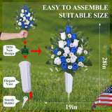 2 Sets Artificial Cemetery Flowers For Grave, Realistic Grave Flowers Memorial Flower Uv Resistant Silk Rose Flower With Vase For Cemetery Decorations (Blue, White)