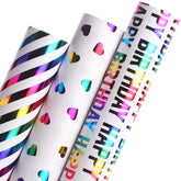 Birthday Wrapping Paper Iridescent Gift Wrap Mini Roll, 3 Rolls Happy Birthday Heart Stripes Printed For Girls Kids - 17 Inch X 120 Inch(10Feet) Per Roll