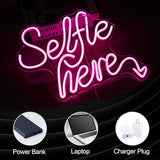 Selfie Here Neon Sign Dimmable Pink LED Wall Decor Light for Selfie Station Photo Studio
