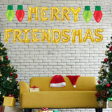Merry Friendsmas Glittering Christmas Banner With Lightbulb Balloons, Friends-Themed Christmas Winter Holiday Party Garland Bunting Decorations.