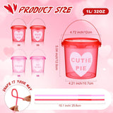 24 Pack 32Oz Valentine'S Day Buckets With Lids And Straws Heart Plastic Rum Buckets For Drinks And Ice Cream Reusable Food Containers With Handle Cocktail Cups For Bachelorette Party Wedding