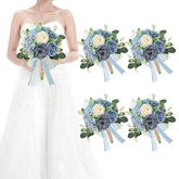 Set Of 4 Bridesmaid Bouquets For Wedding - Artificial Flowers Bouquets For Bridesmaids Small Floral Ceremony Anniversary Centerpieces Decorations - Dusty Blue And White?7 Inch