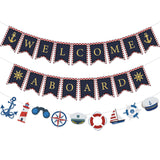 Welcome Aboard Decorations Blue Gold Welcome Aboard Banner Nautical Sailboat Lighthouse Hanging Bunting for Kids Adults Baby Shower Ocean Cruise Ship Birthday Adventure Party Supplies