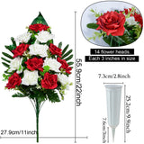 Artificial Cemetery Flowers, Memorial Rose Flowers Grave Decoration Flower Bouquets With Vase For Cemetery Graveyard Headstones Decor, Set Of 2 (Red&White)