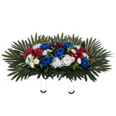 Headstone Flower Saddle Arrangements - Artificial Cemetery Flowers Silk Funeral Memorial Day Sympathy Floral For Outdoor Gravestone Decorations (Red White Royal Blue)