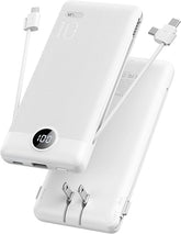 10000mAh USB C Power Bank with Built In Cables AC Wall Plug Portable Phone Charger White