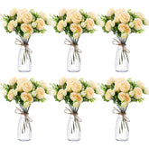 19 Pack Artificial Peony Flowers With Vase Bulk, 12 Bundles Silk Peony Bouquet 6 Plastic Clear Vase With 1 Pcs Rope, Table Centerpiece Arrangement Decoration Wedding Party(Champagne)