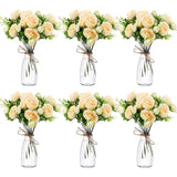 19 Pack Artificial Peony Flowers With Vase Bulk, 12 Bundles Silk Peony Bouquet 6 Plastic Clear Vase With 1 Pcs Rope, Table Centerpiece Arrangement Decoration Wedding Party(Champagne)