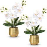 2 Pcs Orchids Artificial Flowers In Gold Ceramic Vase 13'' White Fake Flowers Phalaenopsis Faux Orchid For Home Office Wedding Party Dining Room Table Centerpiece Decoration