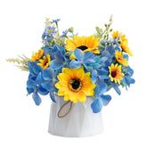 Small Fake Flowers In Plastic Vase 7" Centerpieces Coffee Table Decor, Silk Sunflower Arrangement For Home Decor Artificial Flower Bouquet For Dining Room Kitchen Wedding Summer Yellow Blue