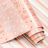 Reversible Pink Birthday Wrapping Paper Roll For Girls Women, Happy Birthday Lettering & Stripe Pattern With Metallic Foil In Pink, Mini Roll, 17 Inches X 9.8 Feet
