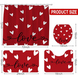 Valentines Day Shower Curtain Set For Bathroom, Red Love Heart Shape Red Bathroom Supplies For Valentines Accessories Decor Set, Non Slip Rugs Toilet Lid Cover U Shape Bath Mat And 12 Hooks