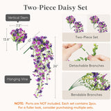 Artificial Hanging Daisy Flowers, Uv Resistant Plastic Fake Flowers For Outdoor Indoor Garden Porch Patio Balcony Decor, 2 Upright Stems + 2 Hanging Vines Combo, Double Purple