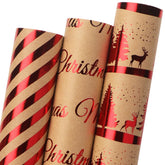 3 Rolls Christmas With Red Foil Kraft Wrapping Paper Rolls,Mini Roll-17 Inch X 10 Feet Per Roll