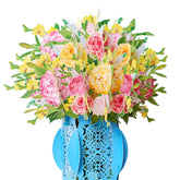 3D Pop Up Floral Card With Decorative Blue Vase, Pink Roses And Yellow Orchids, 5.7 X 7.7 Inches, With Blank Envelope And Note Tag