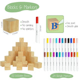 111 Pcs Baby Shower Game Blocks To Decorate, Includes 36 Stencils 50 Wooden Blocks 24 Acrylic Markers - Plain Wooden Blocks Great For Baby Shower Activities For Guests