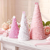 Valentines Day Table Decor Decorations: 3Pcs 10.5" 8" 6" Pink White Plush Fur Cone Valentine Trees With Pearls Heart Topper, Valentine Indoor Decor For The Home Tiered Tray Gift For Her